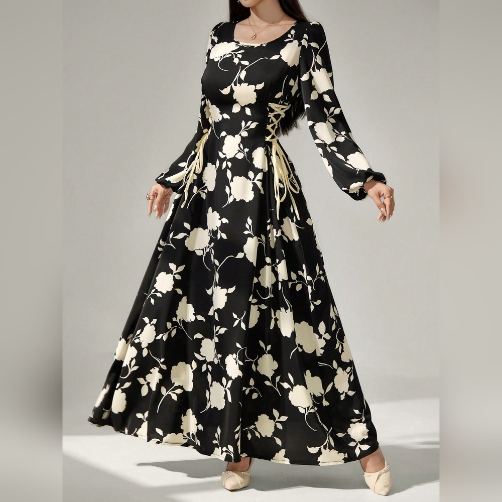 Floral Print Lace-Up Elegant Long Sleeve Arabic Dress